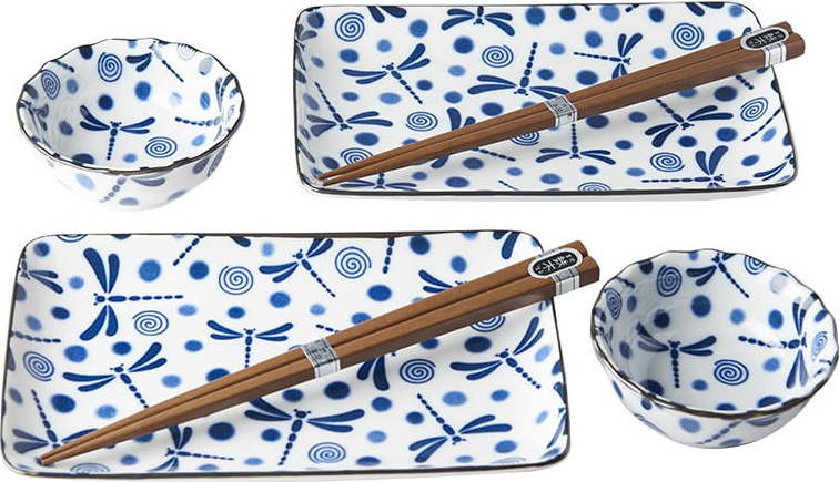 6dílný set modro-bílého keramického nádobí na sushi MIJ Blue Dragonfly MIJ