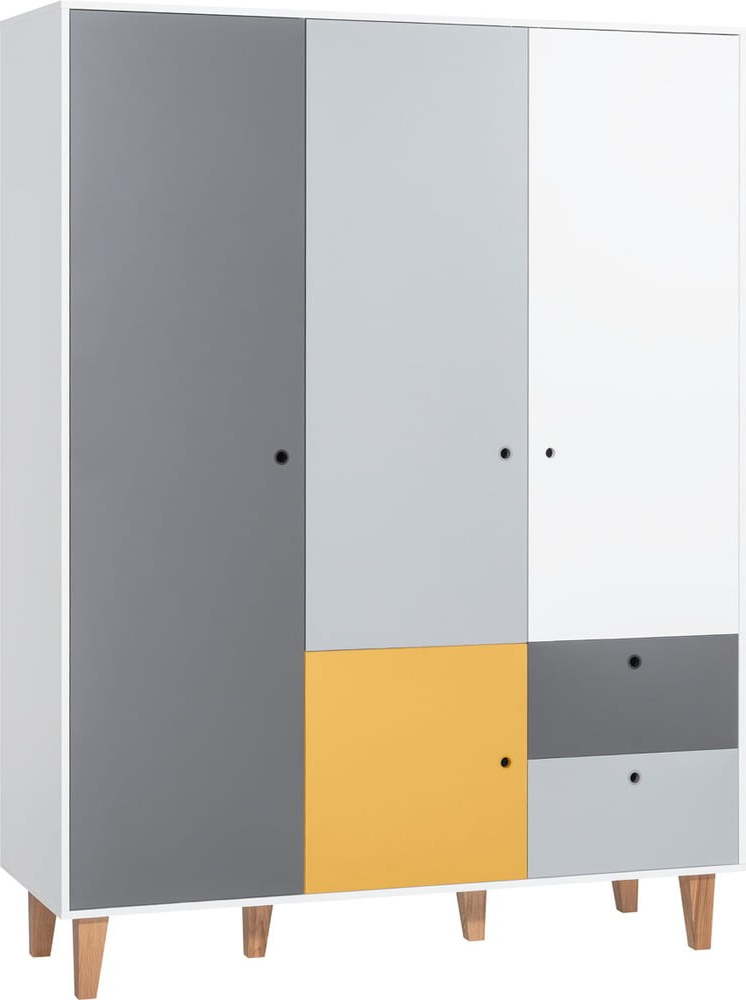 Bílo-šedá třídveřová šatní skříň se žlutým detailem Vox Concept VOX
