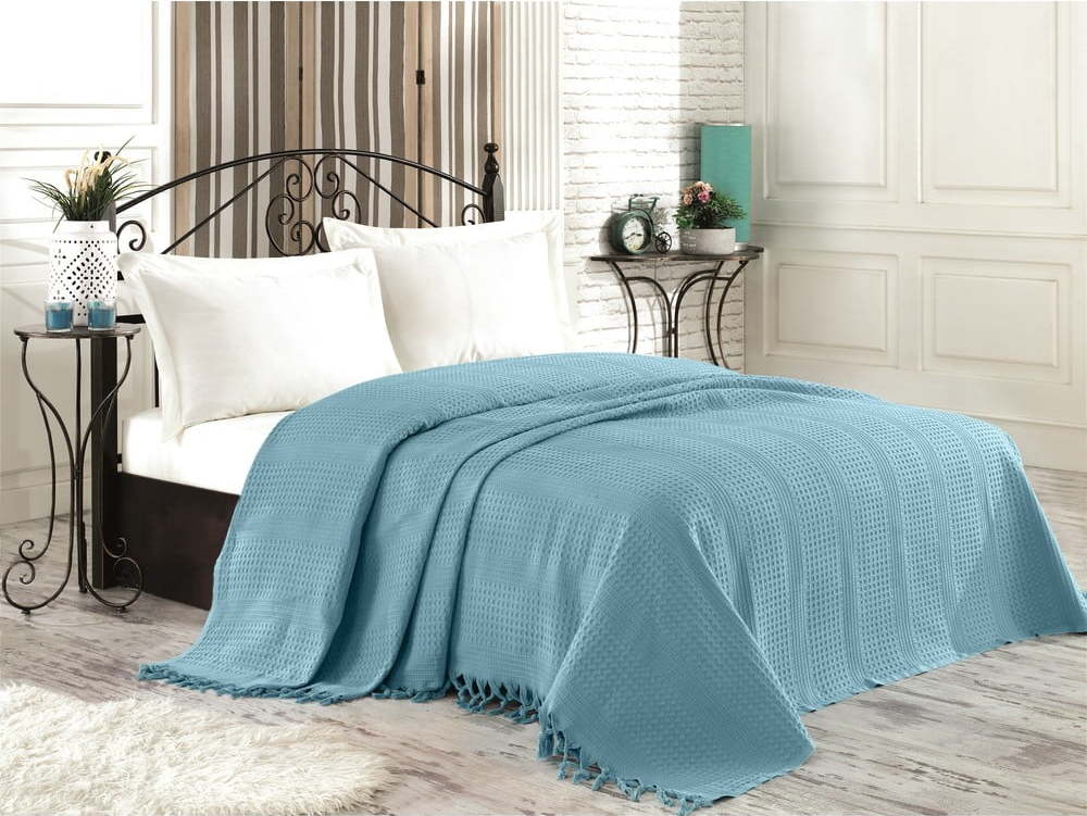 Modrý bavlněný přehoz přes postel na dvoulůžko Şaheser