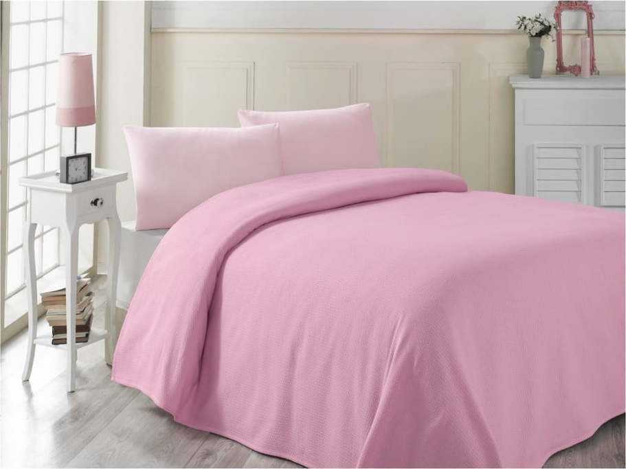 Růžový bavlněný lehký přehoz přes postel Pembe