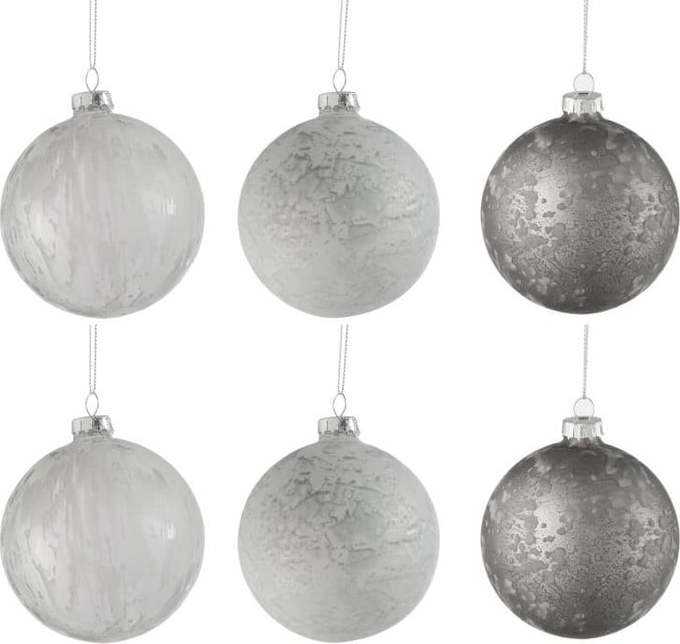 Sada 6 skleněných vánočních ozdob v bílo-stříbrné barvě J-Line Bauble