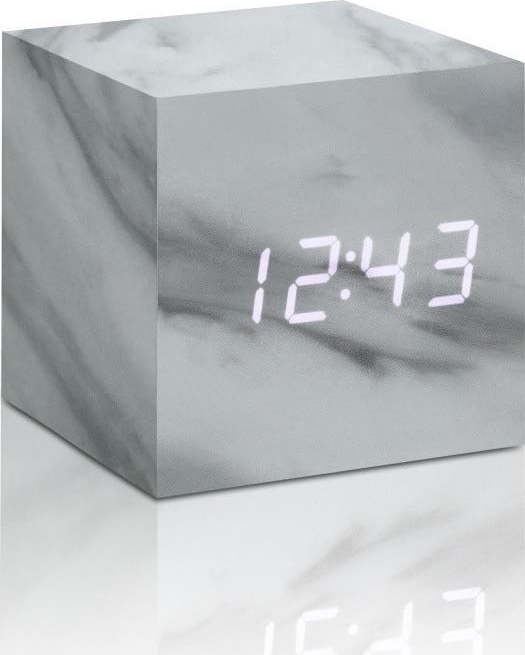 Šedý budík v mramorovém dekoru s bílým LED displejem Gingko Cube Click Clock Gingko