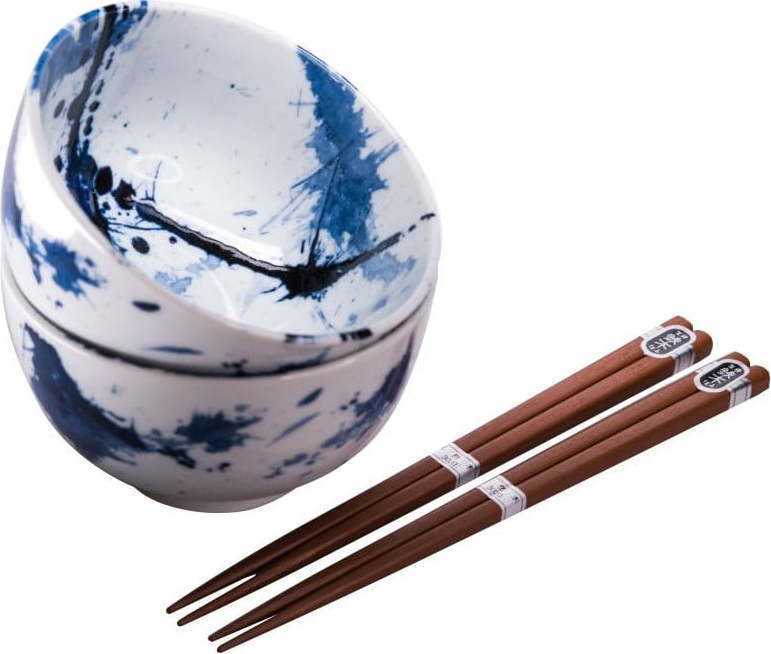 Set 2 modro-bílých keramických misek a jídelních hůlek MIJ MIJ
