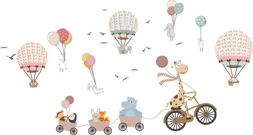 Dětská nástěnná samolepka Ambiance Animals and Hot Air Balloons in the Clouds