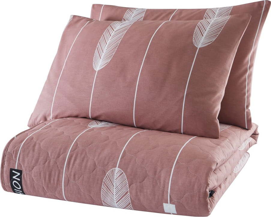 Růžový přehoz přes postel se 2 povlaky na polštář z ranforce bavlny Mijolnir Modena