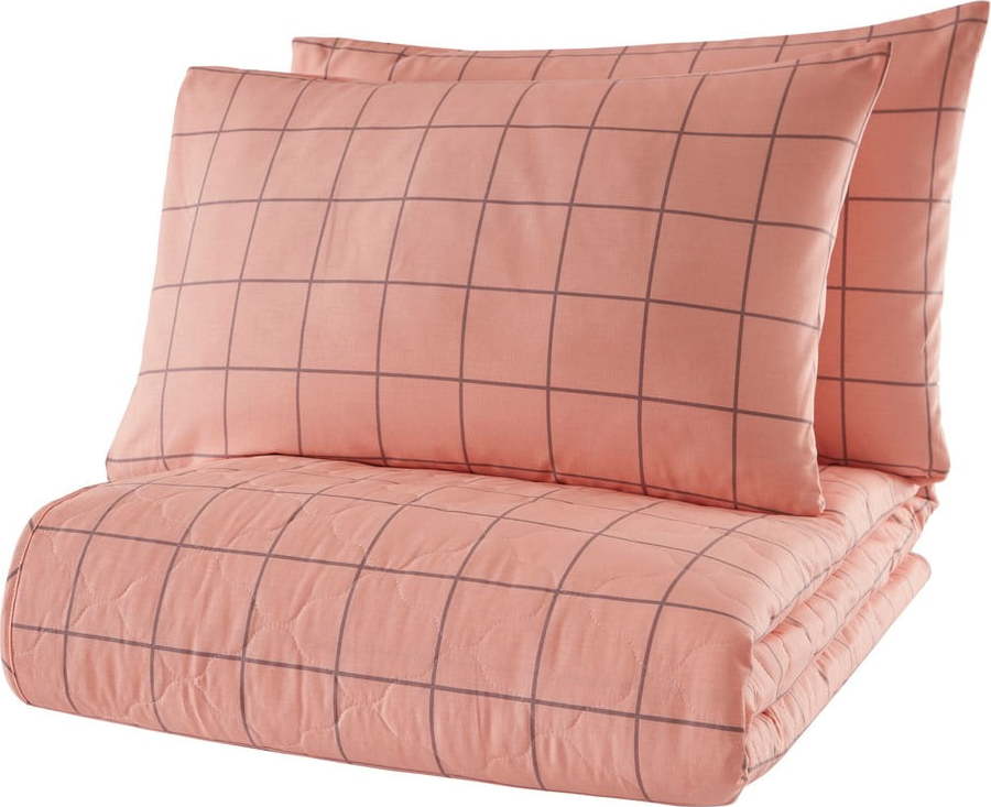 Růžový přehoz přes postel se 2 povlaky na polštář z ranforce bavlny Mijolnir Piga