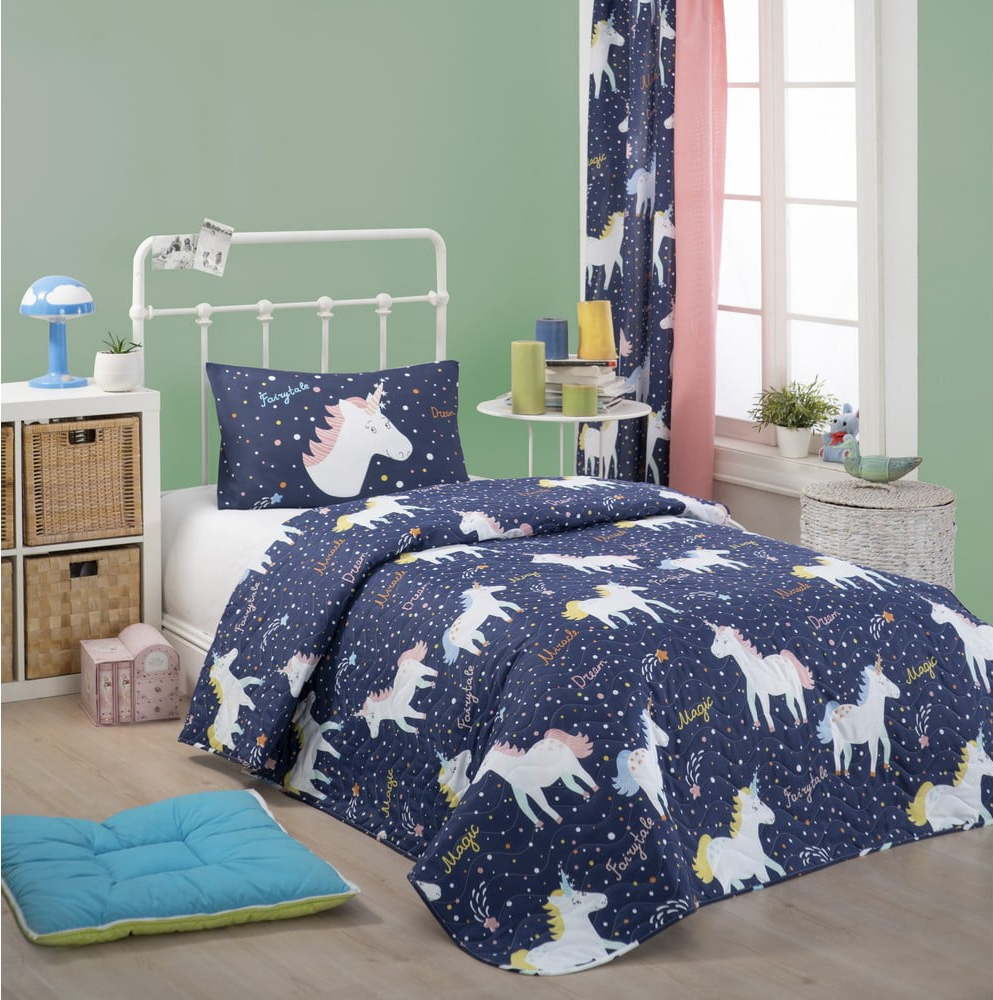 Set přehozu přes postel a povlaku na polštář s příměsí bavlny Eponj Home Magic Unicorn Dark Blue