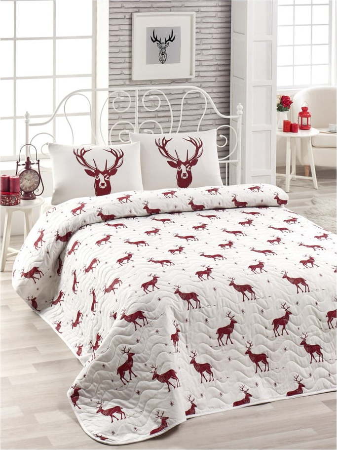 Set přehozu přes postel a povlaku na polštář s příměsí bavlny Geyik Claret Red