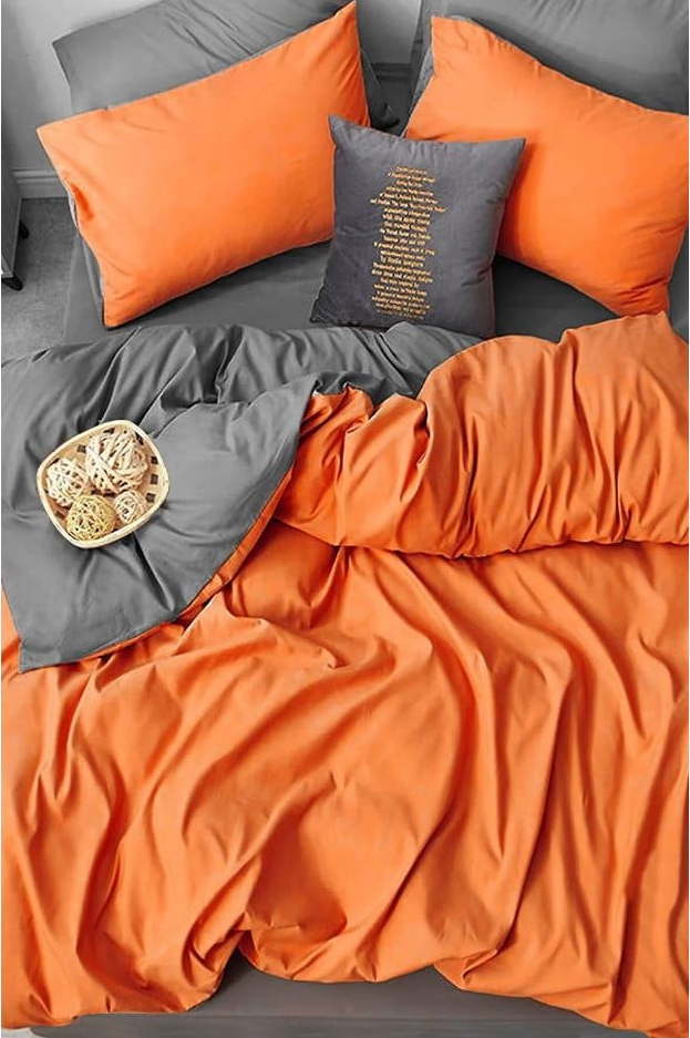 Oranžovo-šedé prodloužené čtyřdílné bavlněné povlečení na dvoulůžko s prostěradlem 200x220 cm – Mila Home Mila Home
